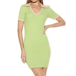 Alexia Admor Sammi Short Sleeve Knit Ribbed Collared Dress Green Retro Size M